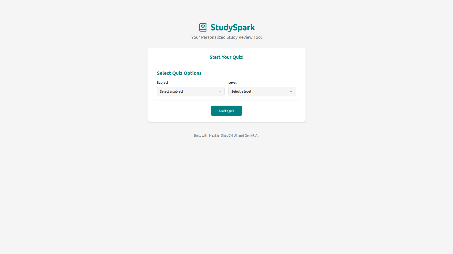 StudySpark interface with subject and level selection controls